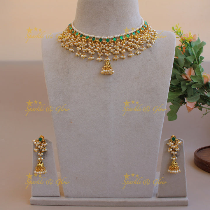 Stunning pearl and green kundan gutta pusalu short necklace