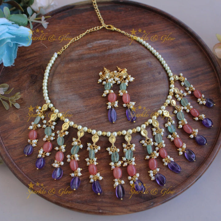 Statement pearls and multi colour bead drops kundan short necklace - Sparkle and Glow - Back Thread - 