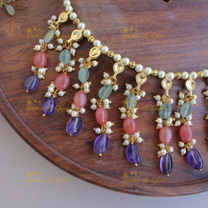 Statement pearls and multi colour bead drops kundan short necklace - Sparkle and Glow - Back Thread - 
