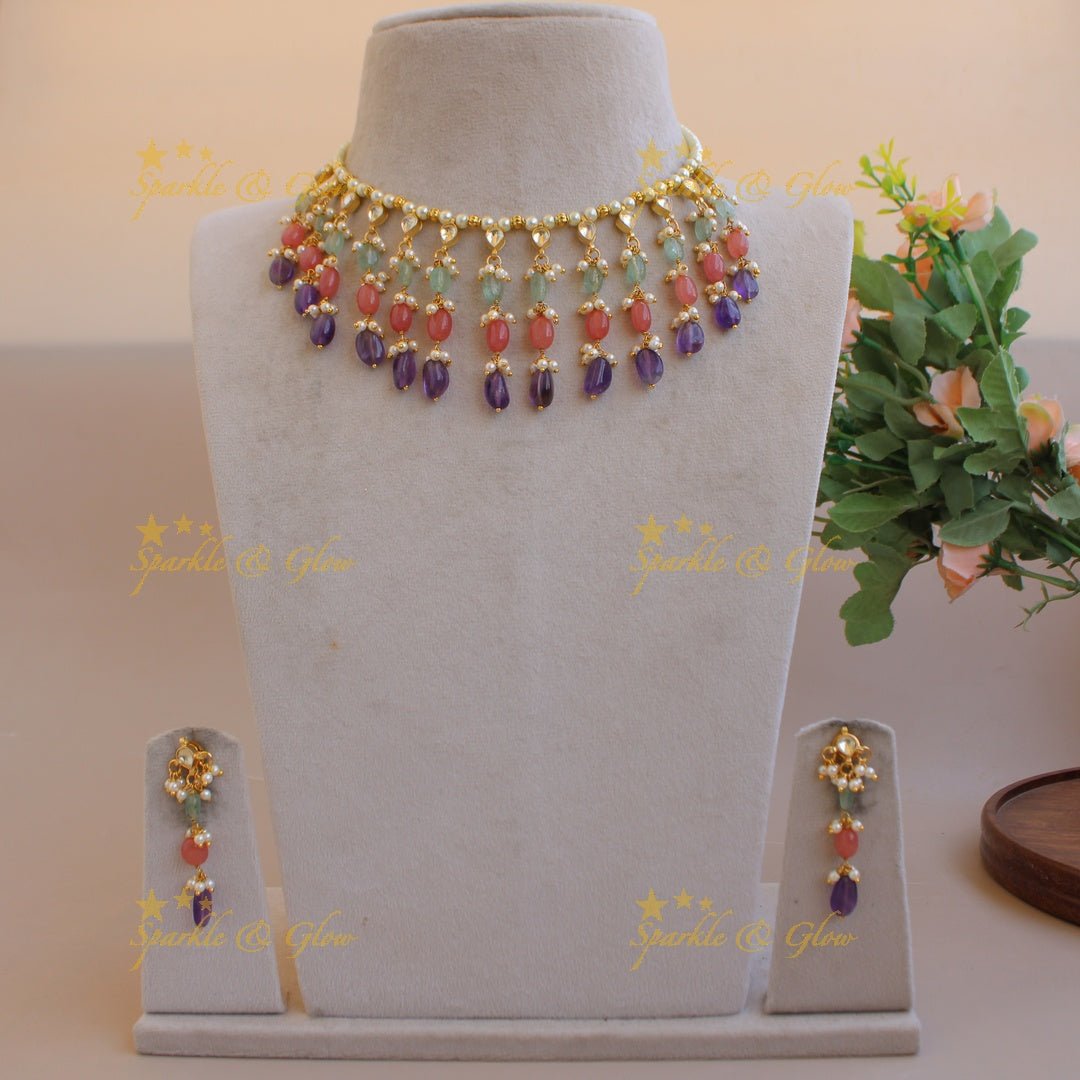 Statement pearls and multi colour bead drops kundan short necklace - Sparkle and Glow - Back Thread - 