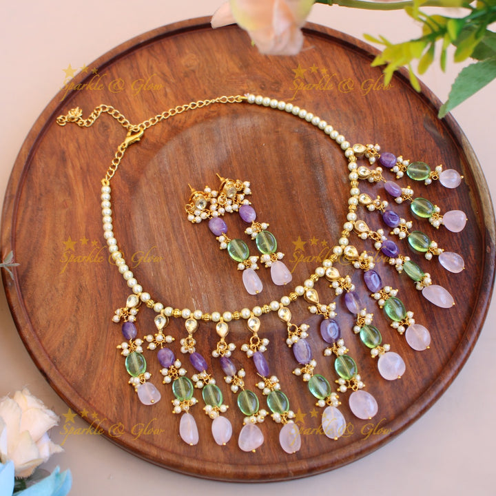Statement pearls and multi colour bead drops kundan short necklace - multi2