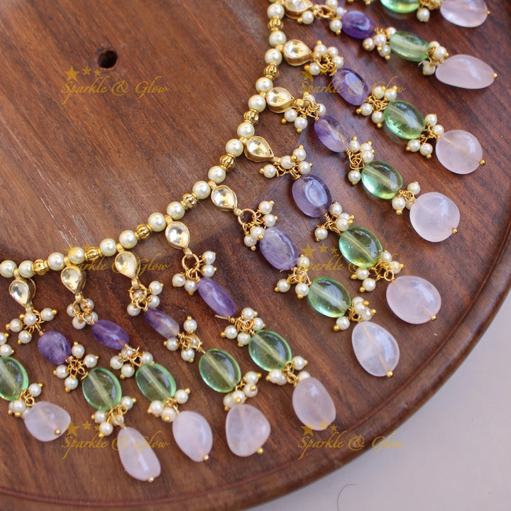 Statement pearls and multi colour bead drops kundan short necklace - multi2