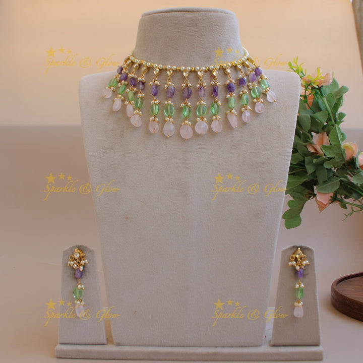 Statement pearls and multi colour bead drops kundan short necklace - multi2