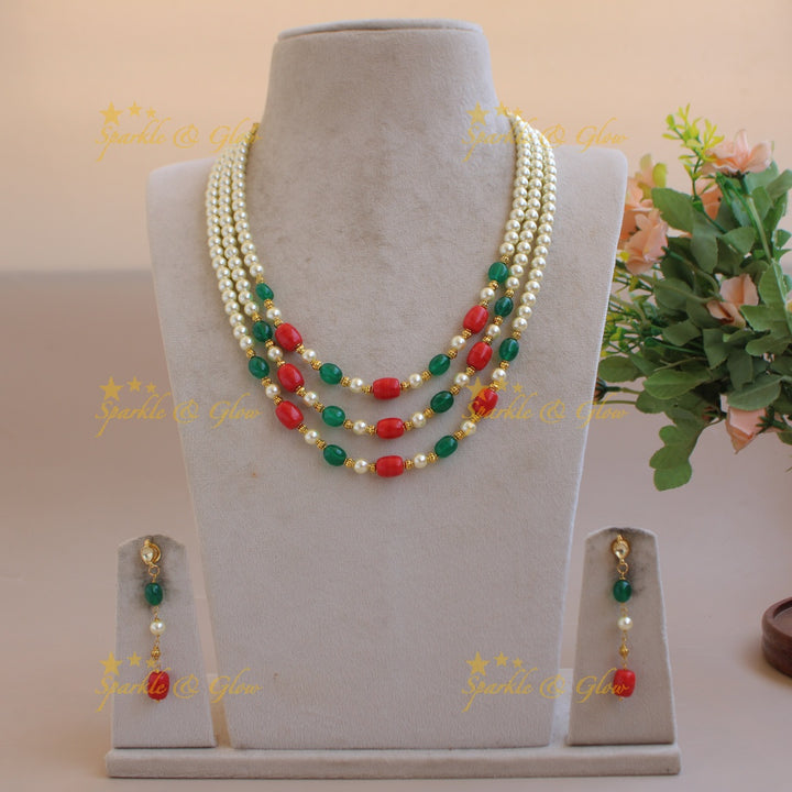 Gorgeous Three layer pearls Coral and green beads mid length haram