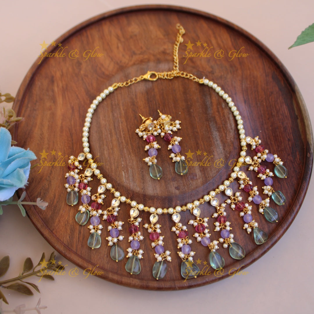 Elegant pearls and multi colour bead drops kundan short necklace