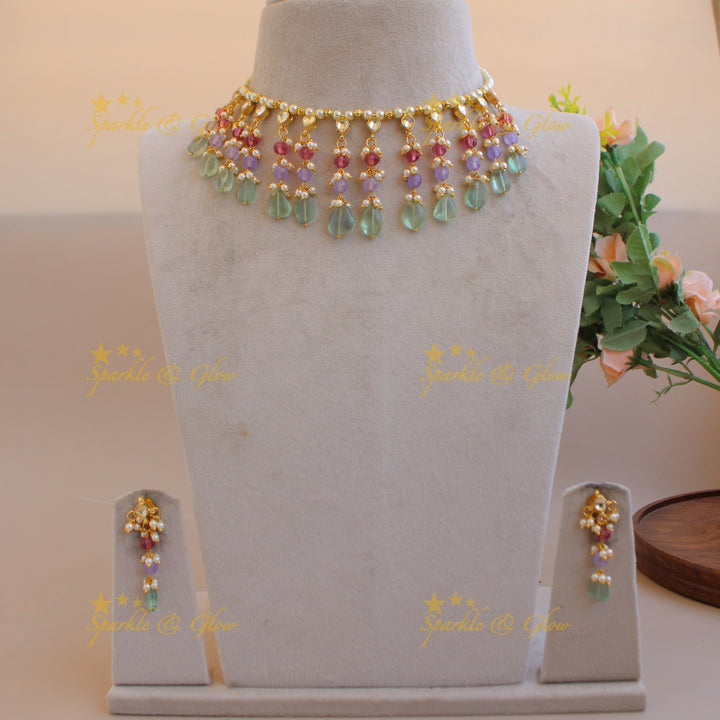 Elegant pearls and multi colour bead drops kundan short necklace