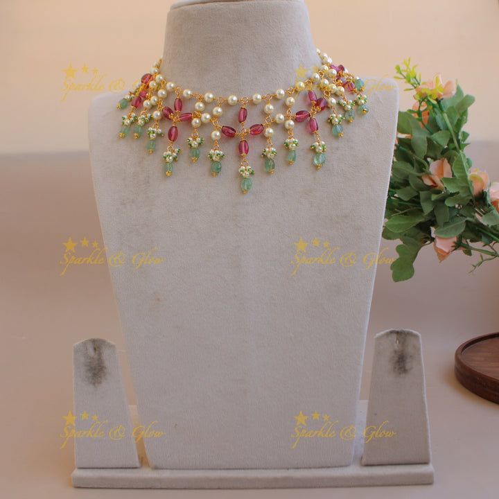 Stunning floral design pearls pink and mint green beads kundan short necklace