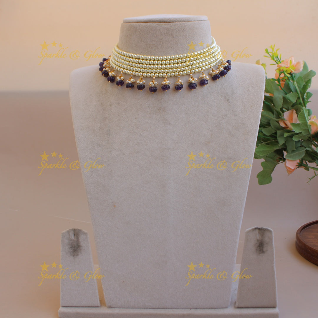 Elegant Five layer pearl choker with blue pumpkin beads