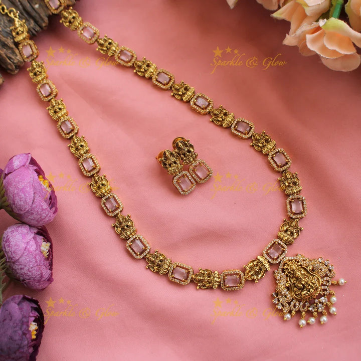 Gorgeous Lakshmi carved long necklace with CZ stones and pearls - mint green - Sparkle and Glow