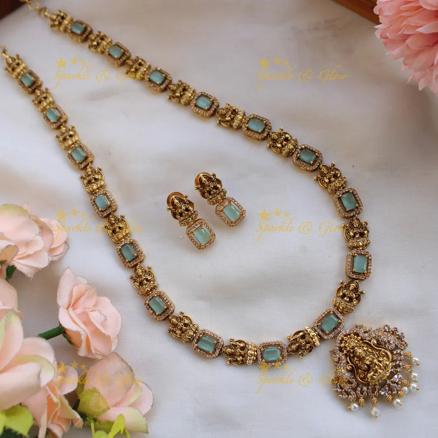Gorgeous Lakshmi carved long necklace with CZ stones and pearls - mint green - Sparkle and Glow