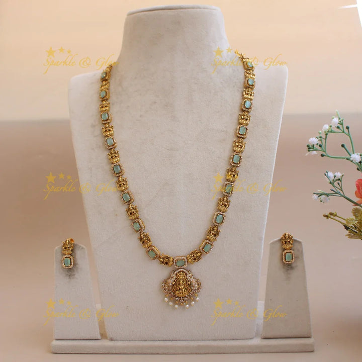 Gorgeous Lakshmi carved long necklace with CZ stones and pearls - mint green - Sparkle and Glow