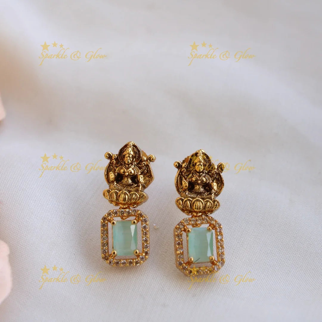 Gorgeous Lakshmi carved long necklace with CZ stones and pearls - mint green - Sparkle and Glow