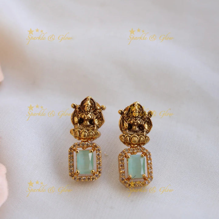 Gorgeous Lakshmi carved long necklace with CZ stones and pearls - mint green - Sparkle and Glow