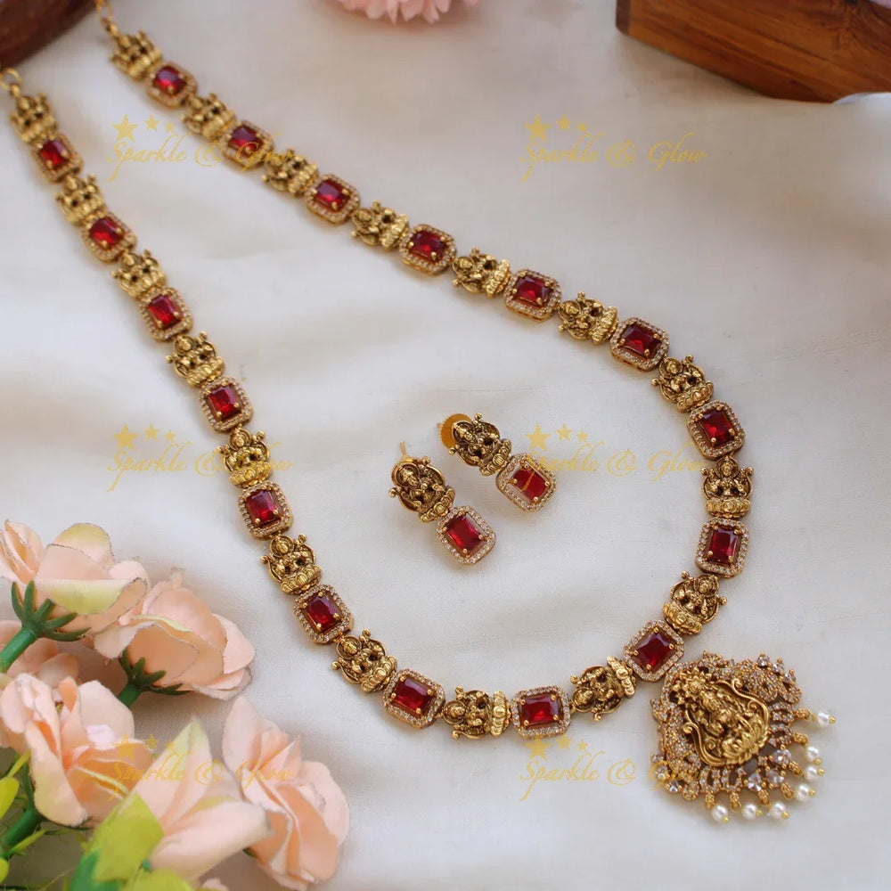 Gorgeous Lakshmi carved long necklace with CZ stones and pearls - mint green - Sparkle and Glow