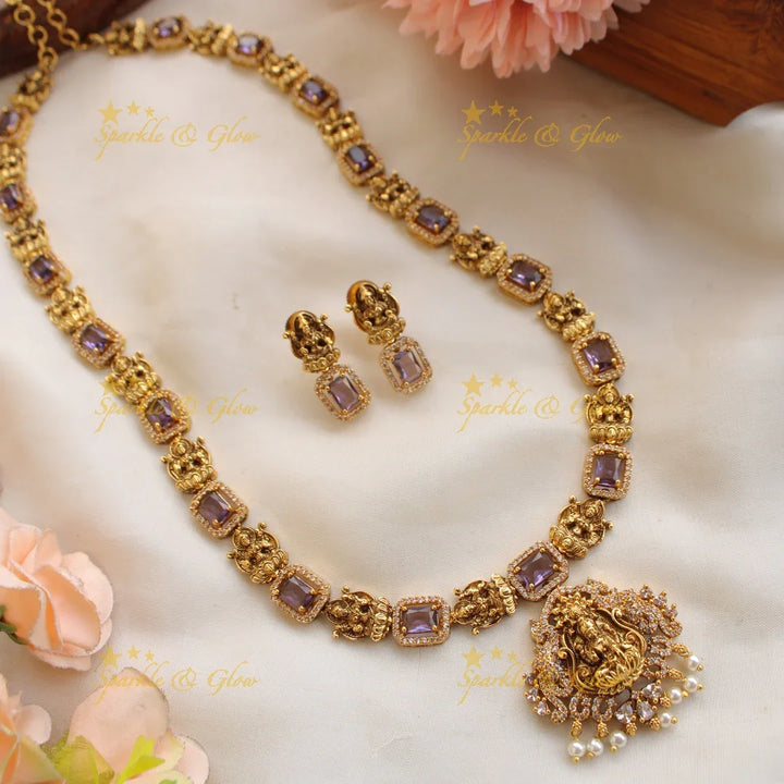 Gorgeous Lakshmi carved long necklace with CZ stones and pearls - mint green - Sparkle and Glow
