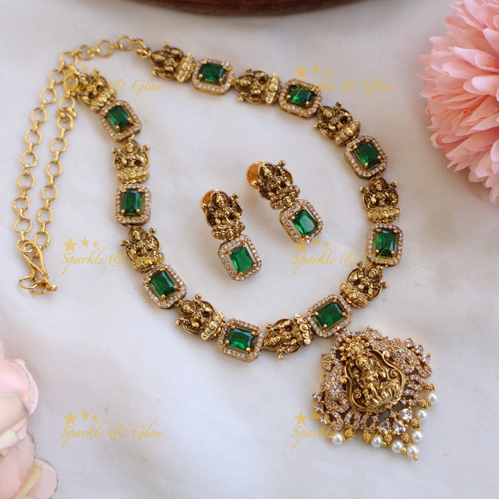 Elegant Lakshmi carved short necklace with CZ stones and pearls - purple
