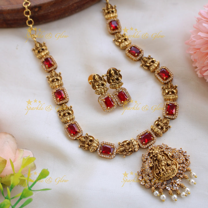 Elegant Lakshmi carved short necklace with CZ stones and pearls - purple