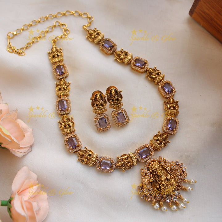 Elegant Lakshmi carved short necklace with CZ stones and pearls - purple