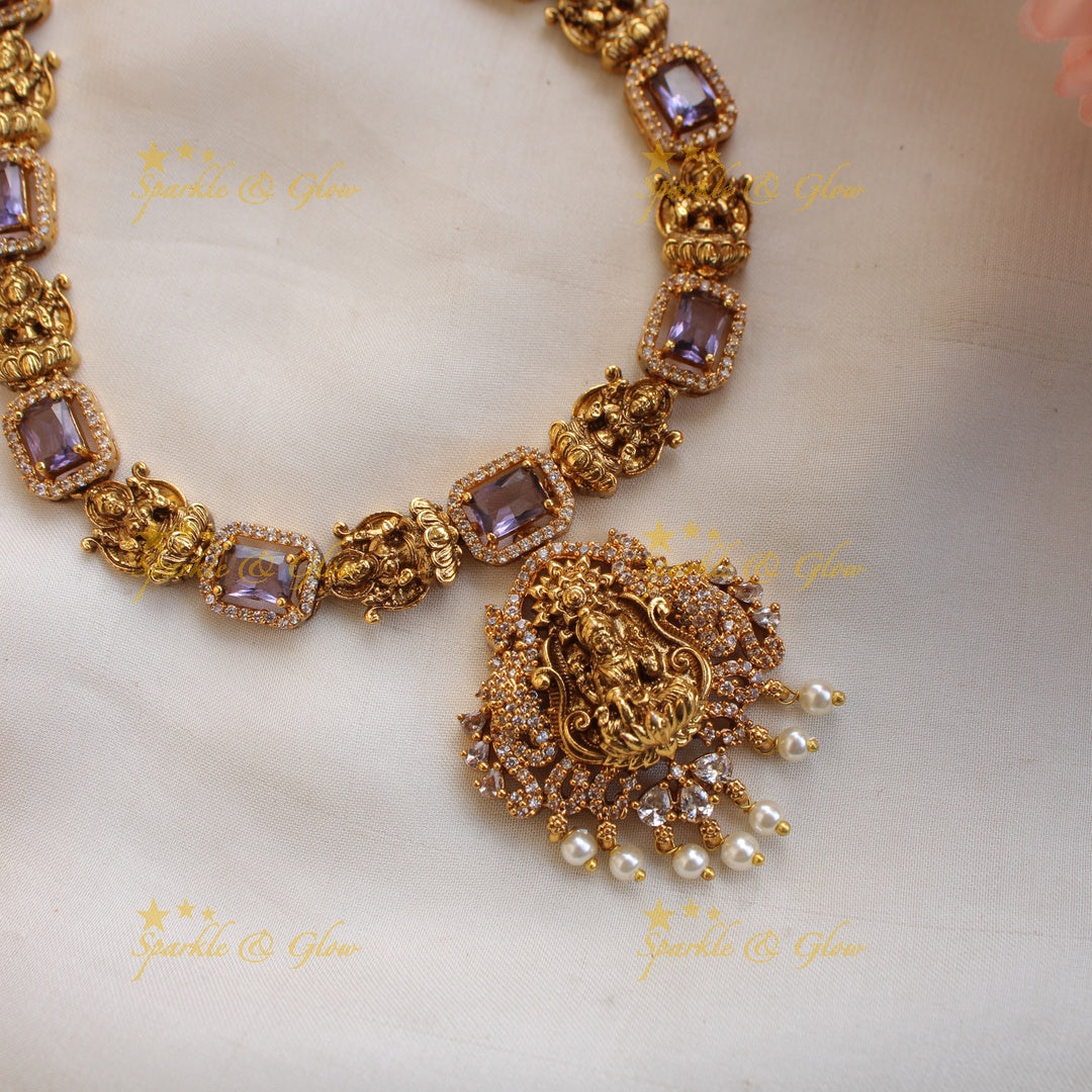 Elegant Lakshmi carved short necklace with CZ stones and pearls - purple