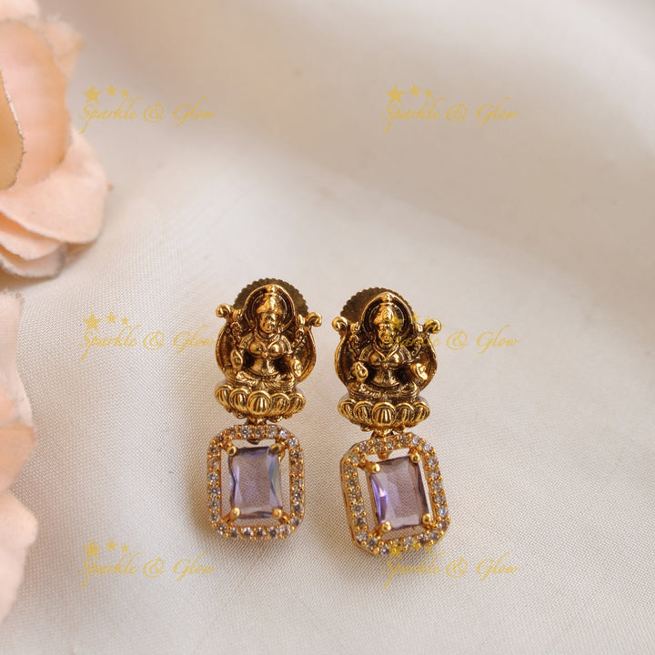 Elegant Lakshmi carved short necklace with CZ stones and pearls - purple