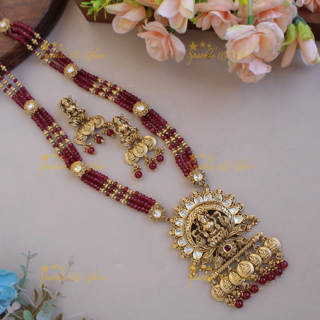 Statement Lakshmi coin pendant multi layer beads haram with stones and gold beads - mint green