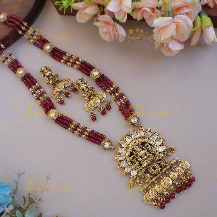 Statement Lakshmi coin pendant multi layer beads haram with stones and gold beads - mint green
