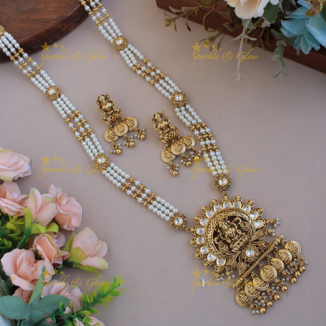 Statement Lakshmi coin pendant multi layer pearl haram with stones and gold beads - pearl