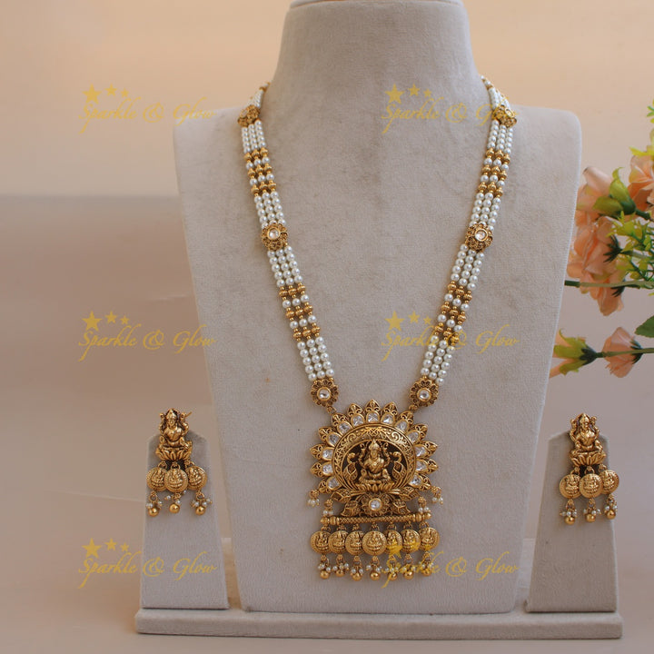 Statement Lakshmi coin pendant multi layer pearl haram with stones and gold beads - pearl