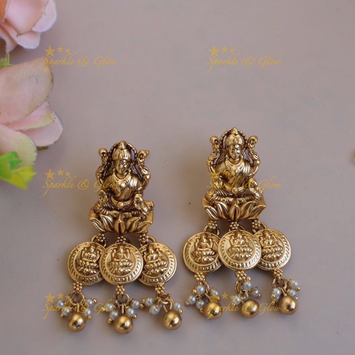 Statement Lakshmi coin pendant multi layer pearl haram with stones and gold beads - pearl