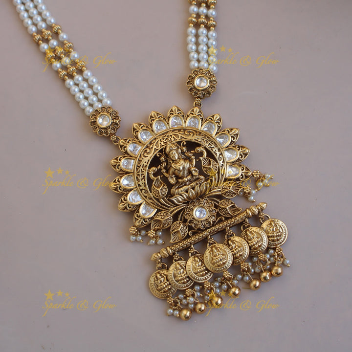 Statement Lakshmi coin pendant multi layer pearl haram with stones and gold beads - pearl