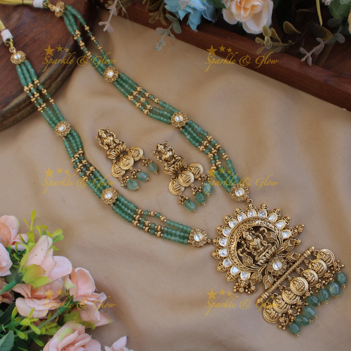 Statement Lakshmi coin pendant multi layer beads haram with stones and gold beads - mint green