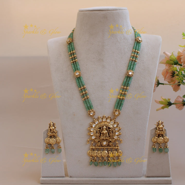 Statement Lakshmi coin pendant multi layer beads haram with stones and gold beads - mint green