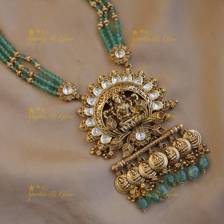 Statement Lakshmi coin pendant multi layer beads haram with stones and gold beads - mint green