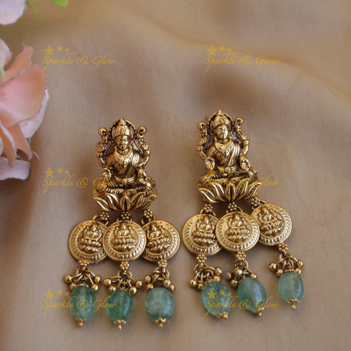 Statement Lakshmi coin pendant multi layer beads haram with stones and gold beads - mint green