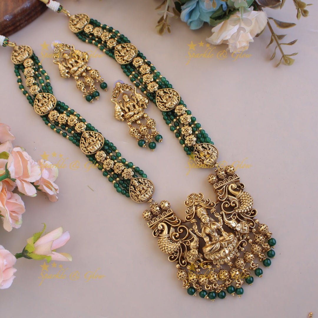 Gorgeous Lakshmi peacock elephant carved pendant multi layer beads haram with gold beads - Sparkle and Glow - Back Thread - Green