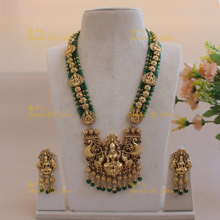 Gorgeous Lakshmi peacock elephant carved pendant multi layer beads haram with gold beads - Sparkle and Glow - Back Thread - Green