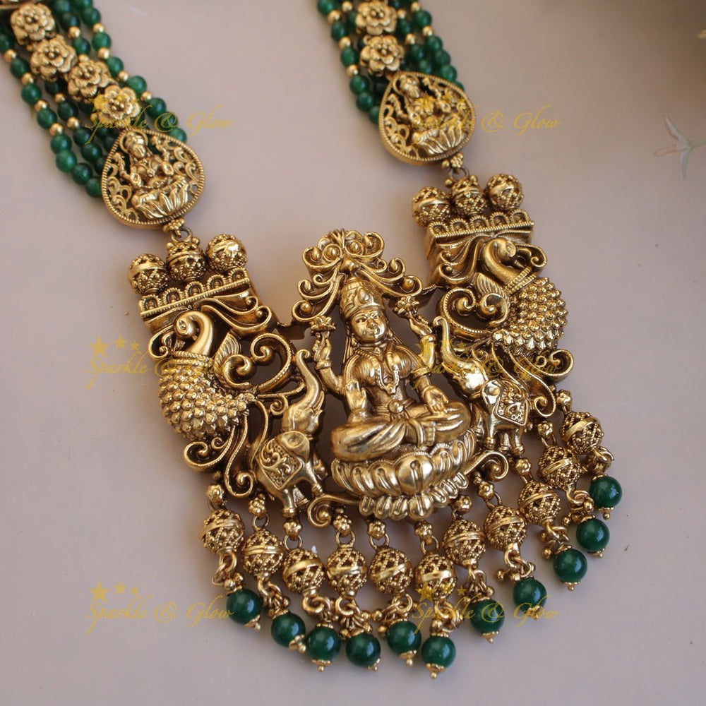 Gorgeous Lakshmi peacock elephant carved pendant multi layer beads haram with gold beads - Sparkle and Glow - Back Thread - Green