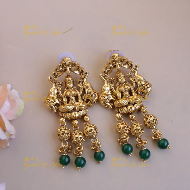 Gorgeous Lakshmi peacock elephant carved pendant multi layer beads haram with gold beads - Sparkle and Glow - Back Thread - Green