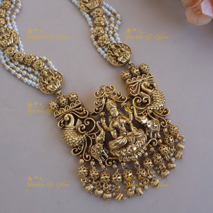 Gorgeous Lakshmi peacock elephant carved pendant multi layer beads haram with gold beads - Sparkle and Glow - Back Thread - Pearl