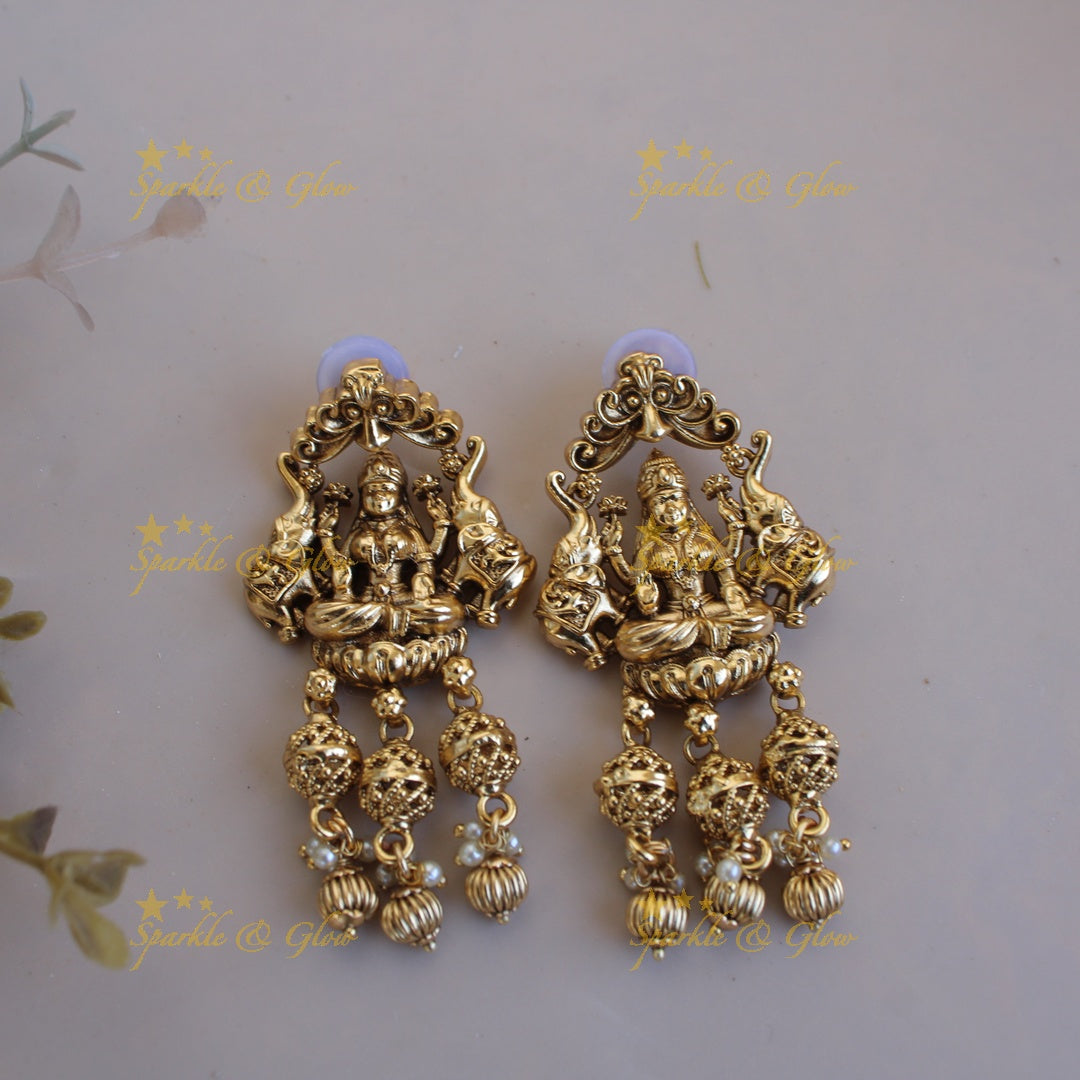 Gorgeous Lakshmi peacock elephant carved pendant multi layer pearl haram with gold beads - pearl