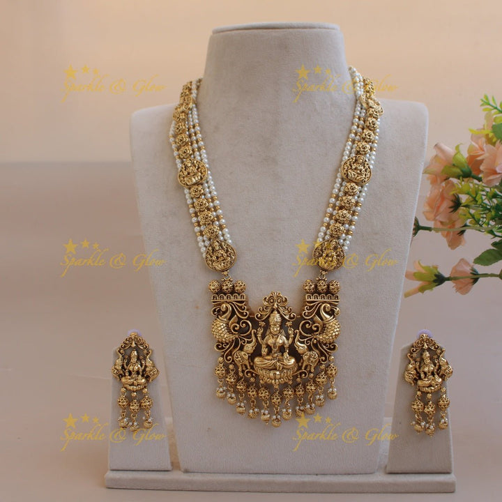 Gorgeous Lakshmi peacock elephant carved pendant multi layer beads haram with gold beads - Sparkle and Glow - Back Thread - Pearl