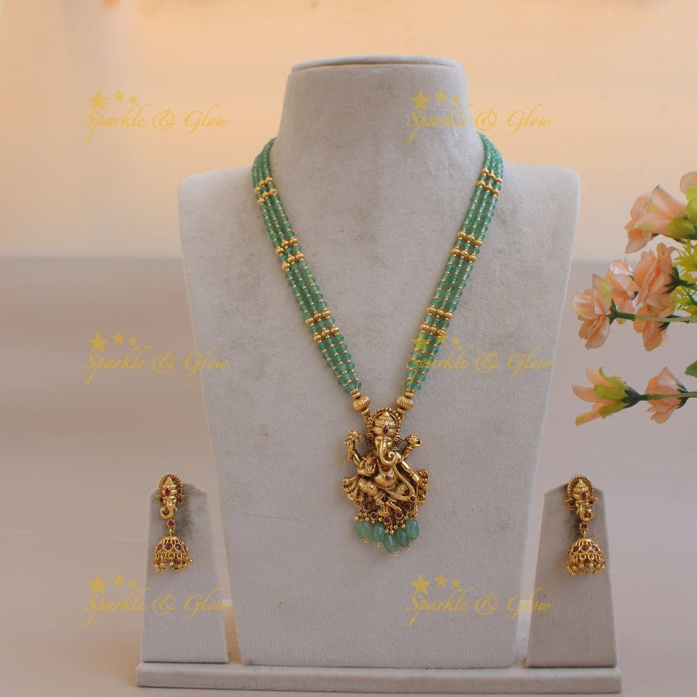 Beautiful Ganesha carved pendant multi layer gold and mint green beads haram with ruby - Sparkle and Glow - Back Thread - 
