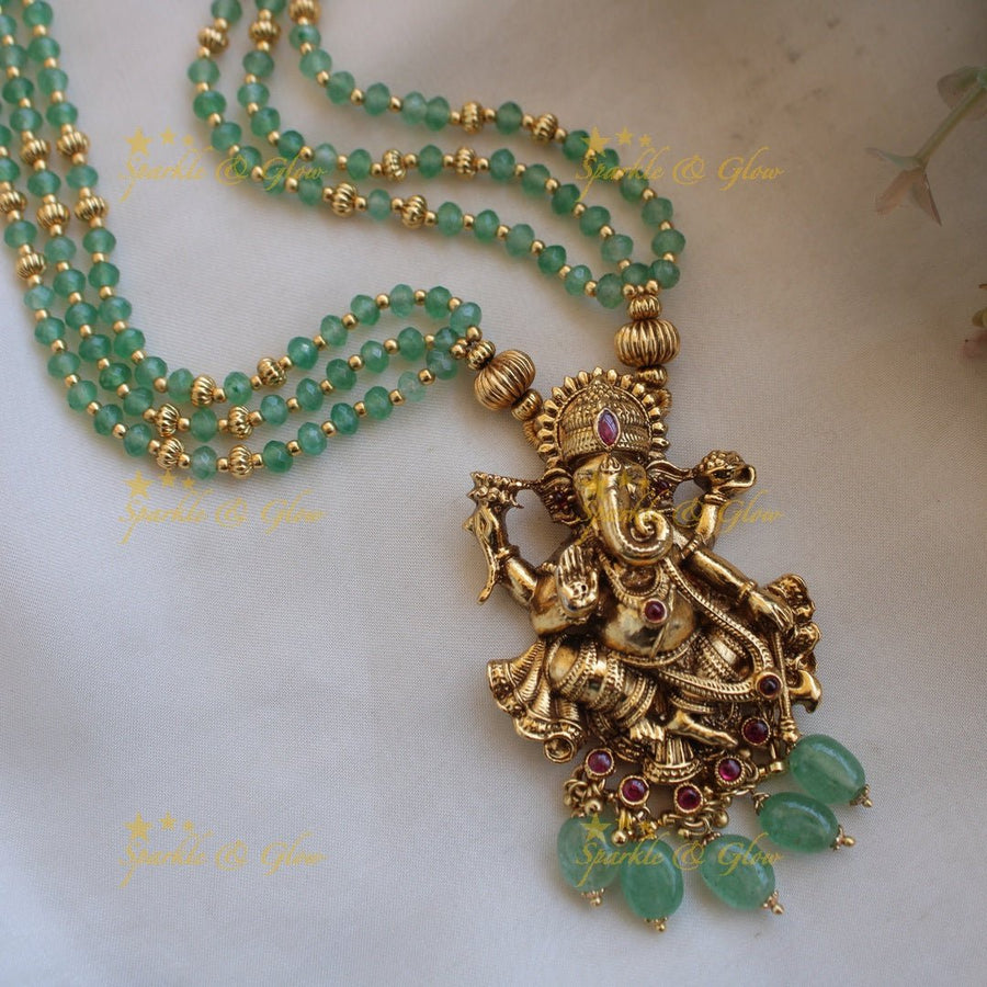 Beautiful Ganesha carved pendant multi layer gold and mint green beads haram with ruby - Sparkle and Glow - Back Thread - 