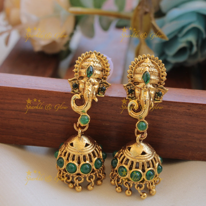 Beautiful Ganesha carved pendant multi layer gold and mint green beads haram with emerald