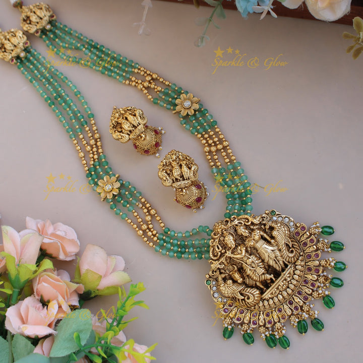 Exclusive Radha Krishna pendant multi layer gold and mint green beads haram with stones