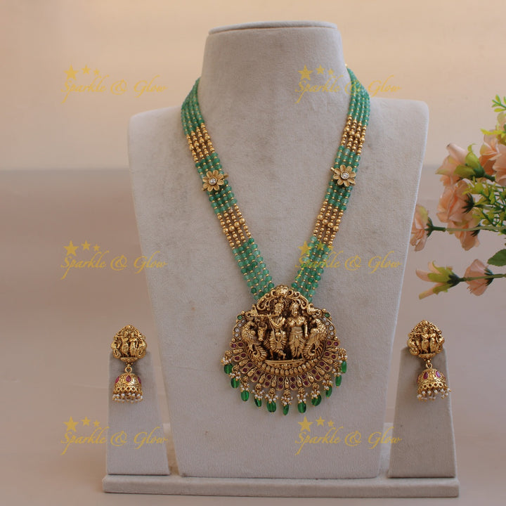 Exclusive Radha Krishna pendant multi layer gold and mint green beads haram with stones
