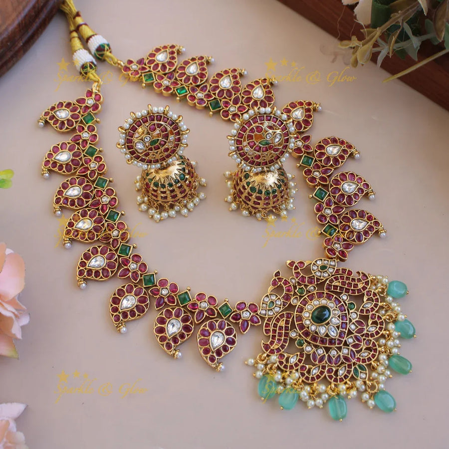 Beautiful Mango peacock floral kemp stone short necklace with pearls and mint green beads - Sparkle and Glow