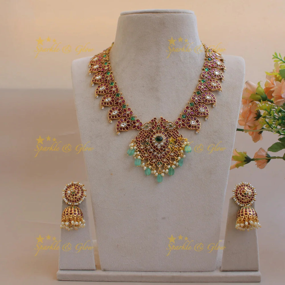 Beautiful Mango peacock floral kemp stone short necklace with pearls and mint green beads - Sparkle and Glow