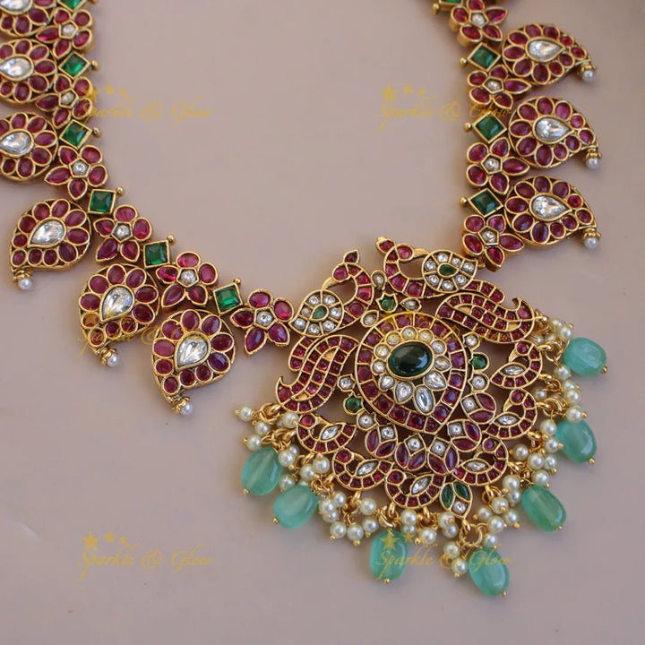 Beautiful Mango peacock floral kemp stone short necklace with pearls and mint green beads - Sparkle and Glow