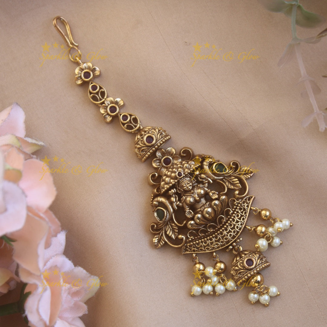 Exclusive gold alike lakshmi peacockt maang tikka with pearl beads